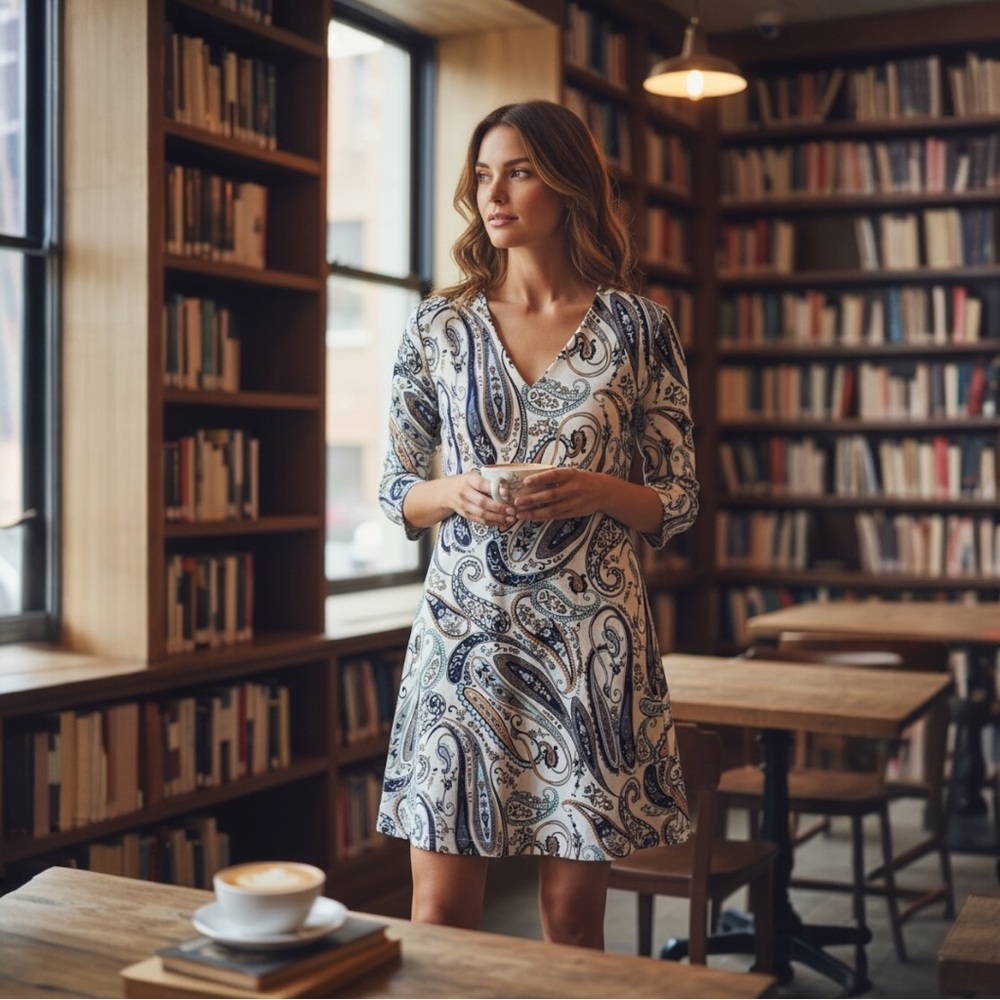 Aryeh Blue and White Paisley Midi Dress